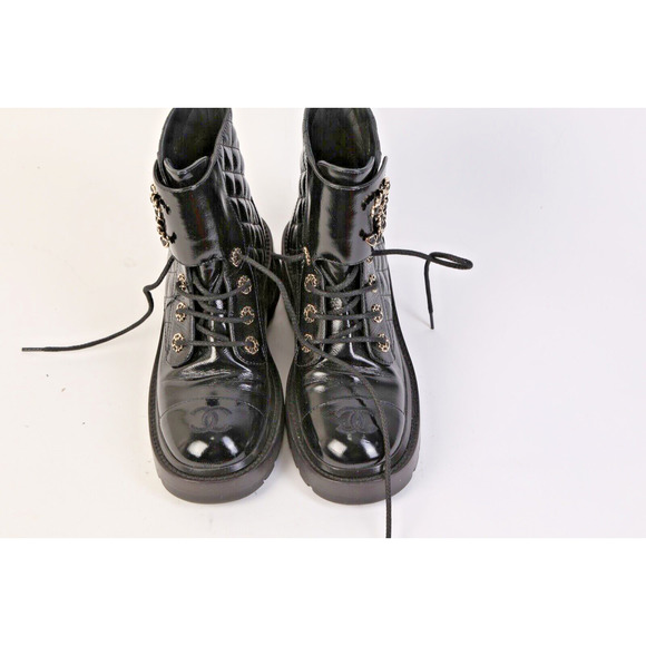 CHANEL Black Logo Quilted Patent Leather Combat Ankle Boots Booties Size 36 - Picture 5 of 14